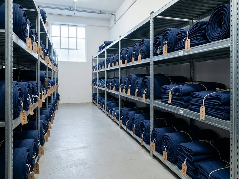Coperture etichettate e riposte sugli scaffali del magazzino